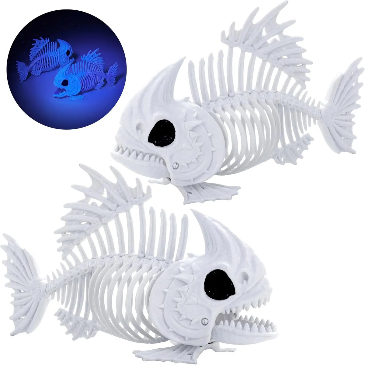 2 Pcs 9.5" Glow in the Dark Fish Skeleton for Halloween Decorations, Luminous Plastic Animal Bones, Indoor Outdoor Yard Lawn Patio Decor, Haunted House Spooky Halloween Party Props