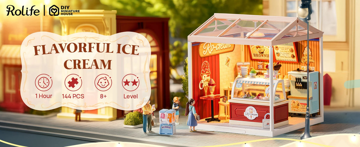 Rolife DIY Miniature House Kit Flavorful Ice Cream Super Creator Dollhouse 3D Puzzle Model Building Kit with LED for Desk Decor