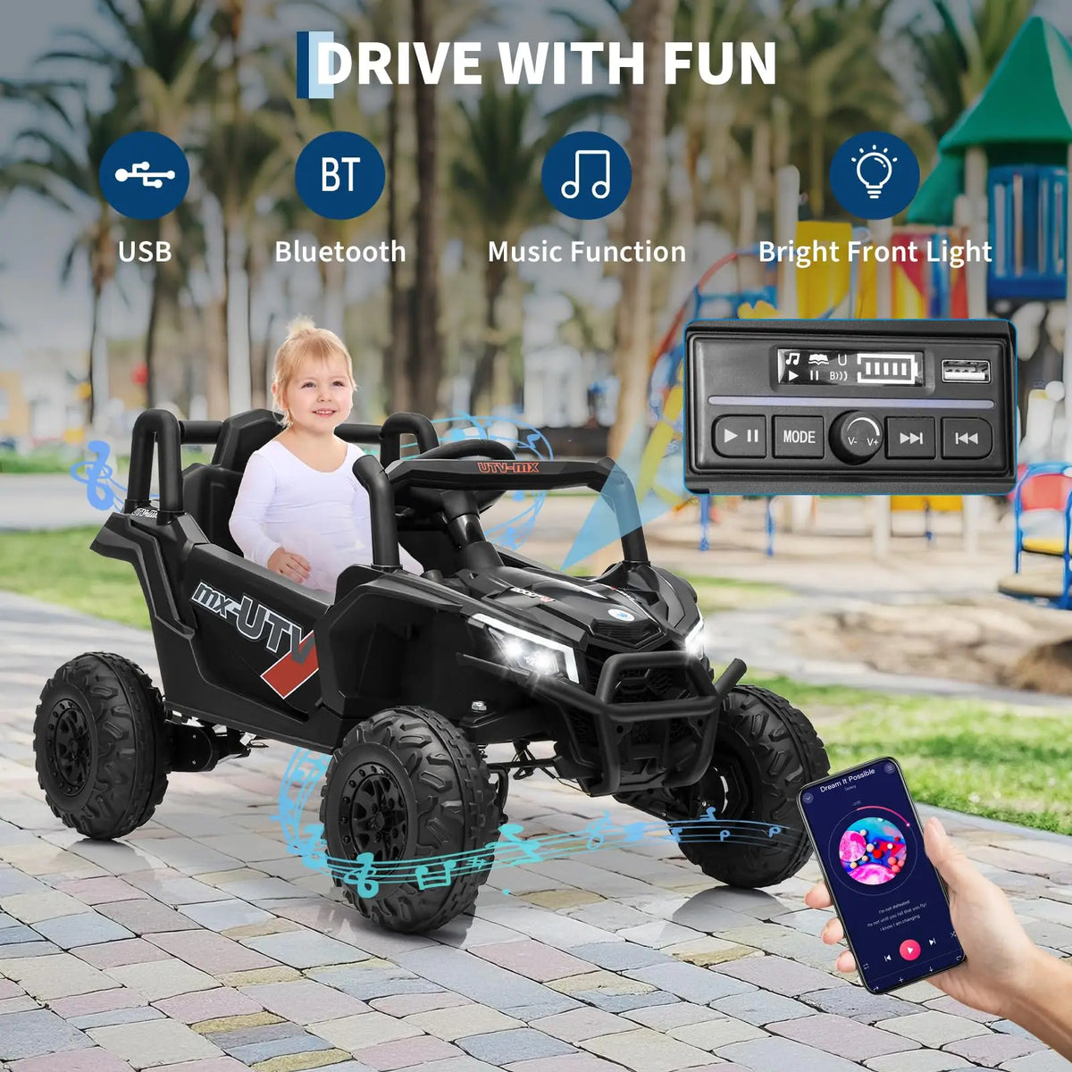 12V Kids Ride On Car UTV Truck With Remote Control 4WD/2WD Switchable Electric Vehicle With 4 Spring Suspension EVA Tires Safety Belt Double Open Doors Bluetooth Music LED Lights for Ages 3-8 Years