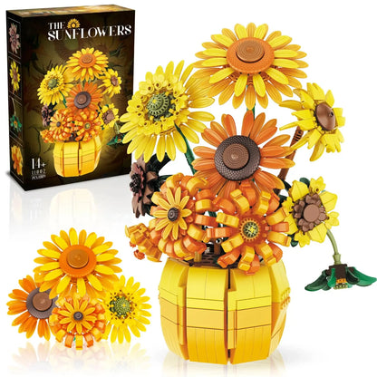 1009PCS Sunflower Building Blocks Flower Bouquet Vase Model Home Decoration Educational DIY Puzzle Toy Adults Holiday Gift