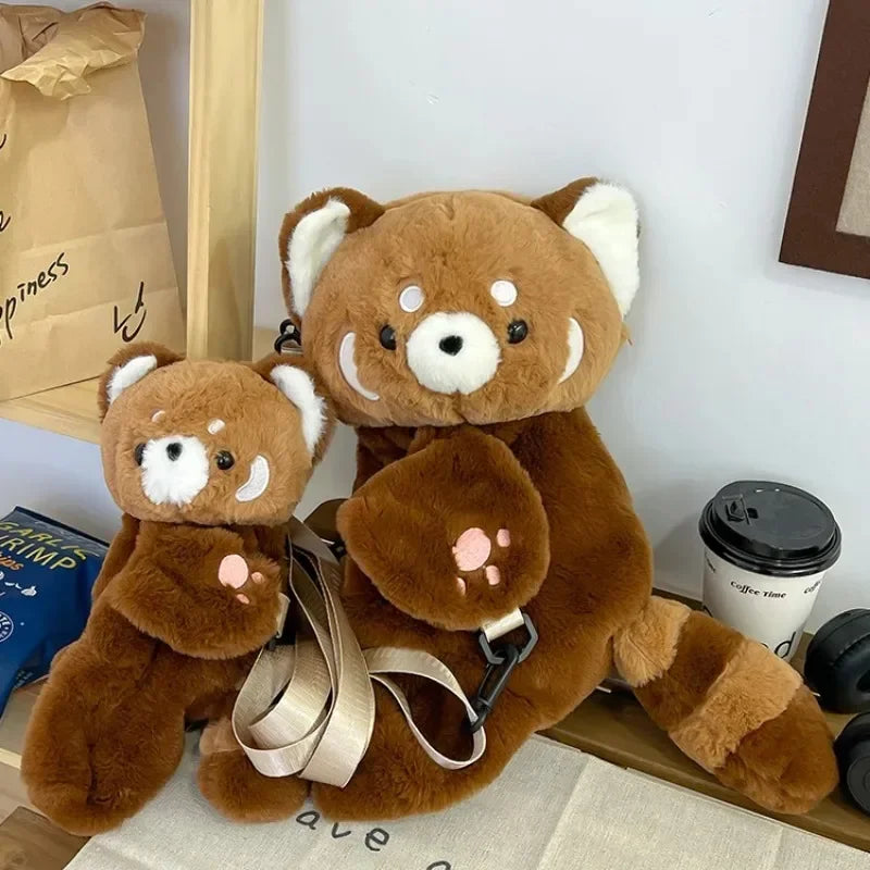 Red Panda Plush Backpack Cute Plushie Doll Women Crossbody Fur Soft Shoulder Bag for Camping Travel Party Female Birthday Gift