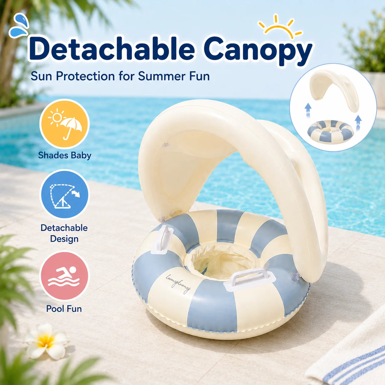 Baby Swim Ring Inflatable Summer Pool Float Seat with Canopy Sunshade Handles Cartoon Swimming Ring for Boys Girls Toddler 40lbs