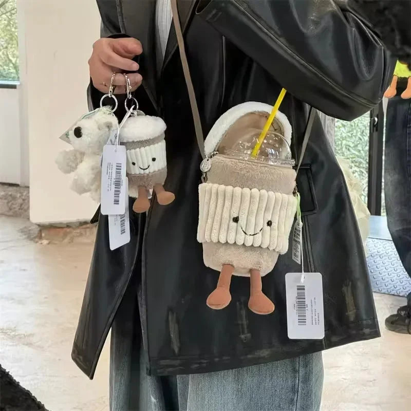 Replica Cartoon Coffee Milk Tea Bag Interesting Pendant Plush Toy Keychain Dolls Accompanying Cups Crossbody Plush Bags