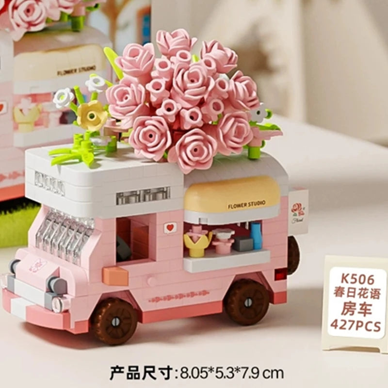 NEW DIY Coffee Car Buns Food Truck Ice Cream Store Flower Street View Building Blocks Kit Bricks Model Toy