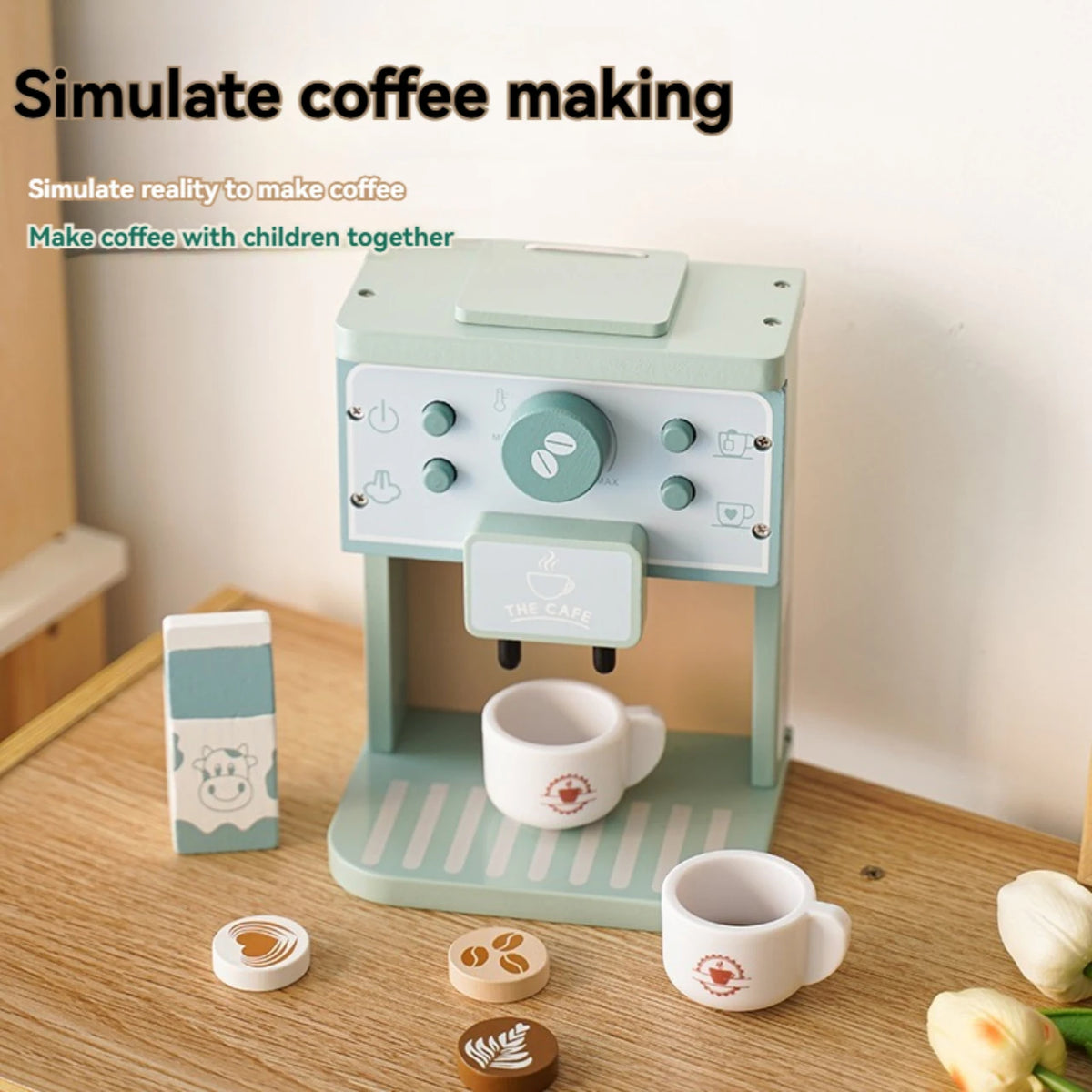 Kids Kitchen Toy Set Wooden Coffee Maker Set Simulation Cookie Pretend Play Educational Toys Gifts for Girls Boys