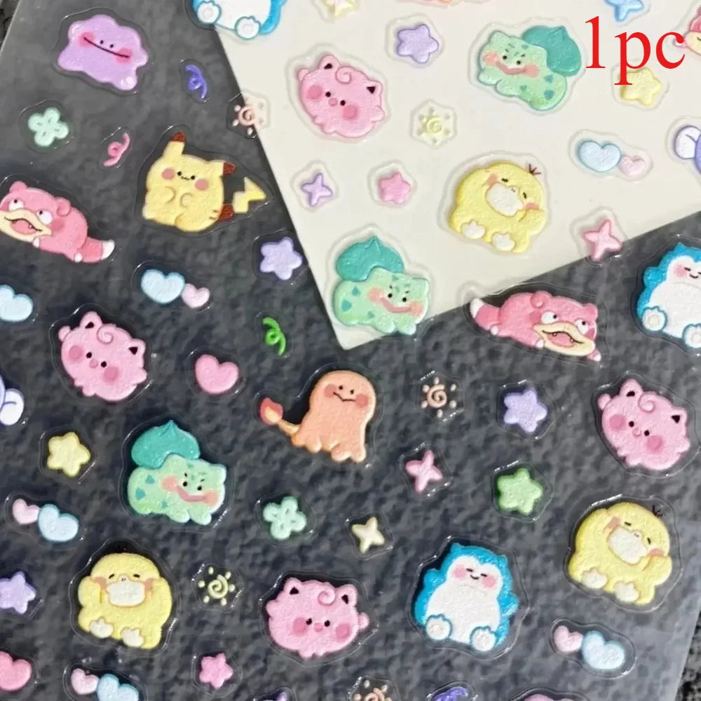 Pakem Nail Decoration Stickers Pikachu Nail Stickers 5D Embossed Nail Art Stickers Water Cup Phone Case DIY Deco Kid Girl Gift