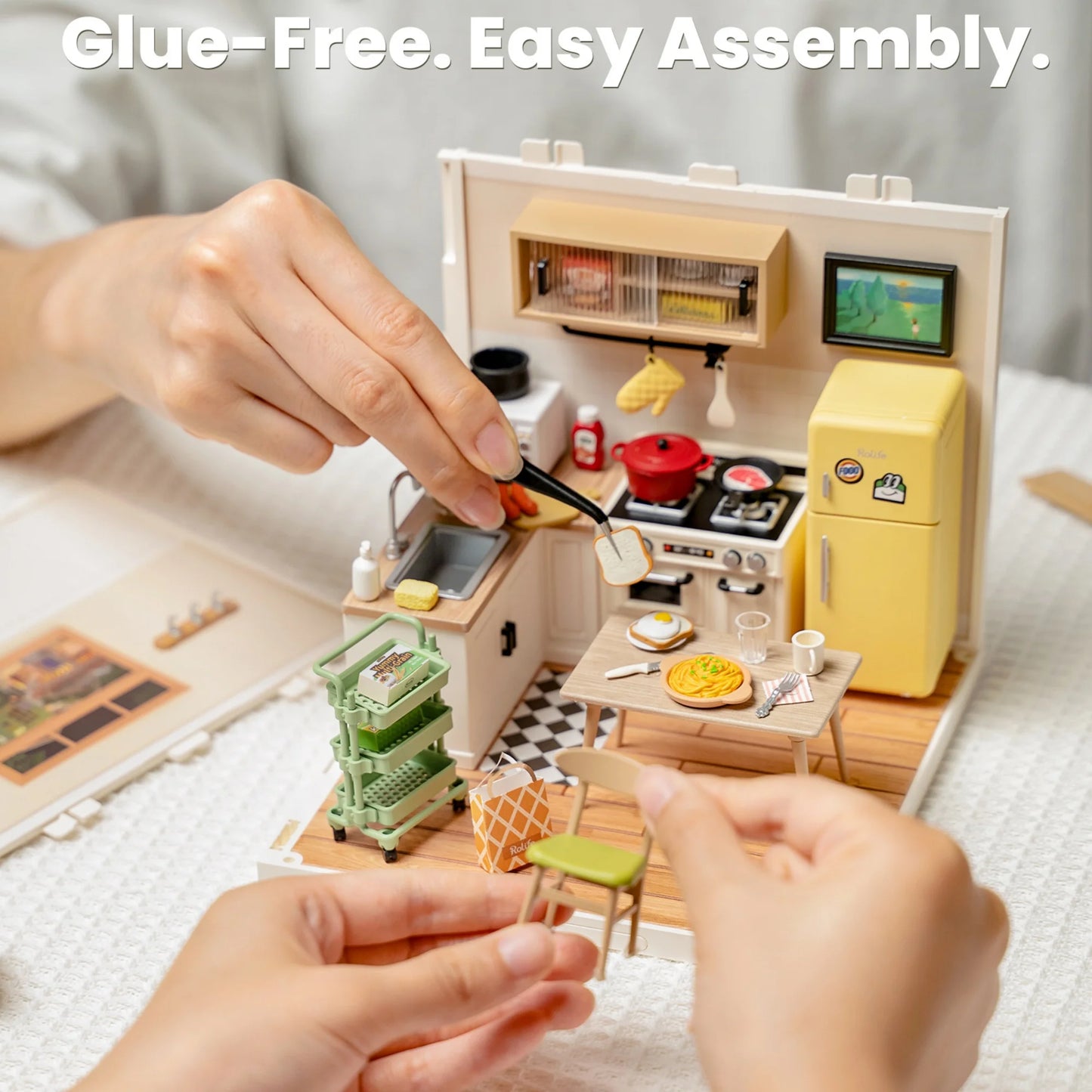 Rolife DIY Miniature House Kit Happy Meals Kitchen Super Creator Dollhouse 3D Puzzle Model Building Kit with LED for Desk Decor