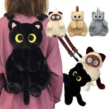 Black Cat Backpacks Big Eyes Kitten Doll Plush Kawaii Stuffed Animals Shoulder Bag Large-capacity Soft Toy Fashion Crossbody Bag