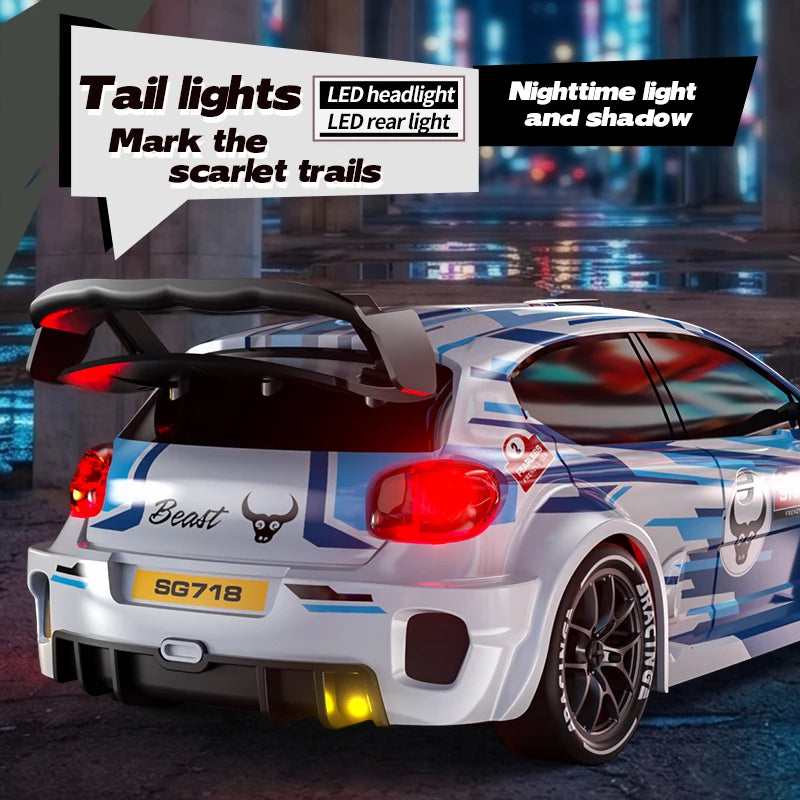 1:24 Scale 4WD Drift RC Car 2.4G Remote Pearl Finish Large Tail Fin Replaceable Racing Drift Wheel Front Rear LED Light Toy Car