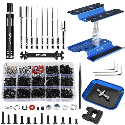 EPINON RC Car Repair Work Stand Repair Tool Set 360 Degree Rotation and 520 Pcs RC Screws Kit and RC Screwdrivers and Screws Pallet for 1/8 1/10 1/12 1/16 1/18 RC Car Crawler Truck Buggy