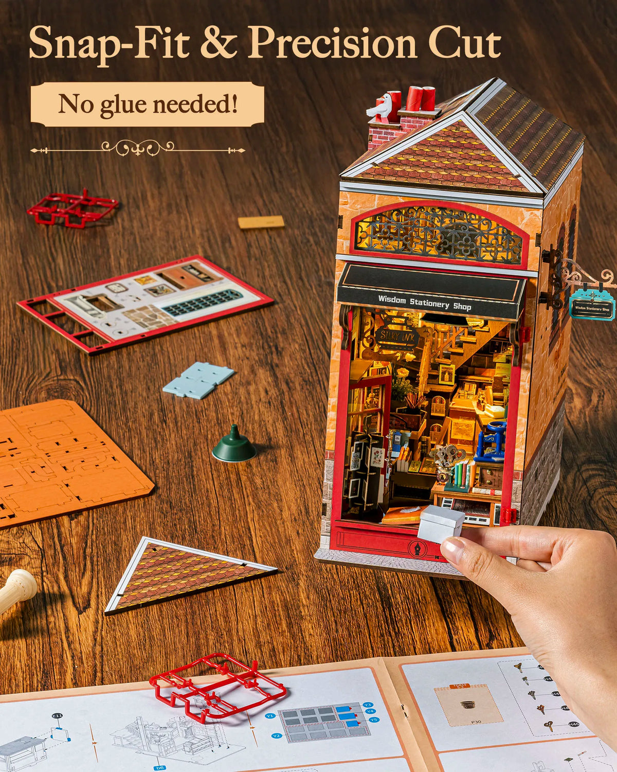 Rolife Wisdom Stationery Shop DIY Book Nook Kit 472-Piece Wooden Dollhouse 3D Puzzle DIY Miniature House Model Building Kit with LED Light for Bookshelf Decor Gift for Book Lovers
