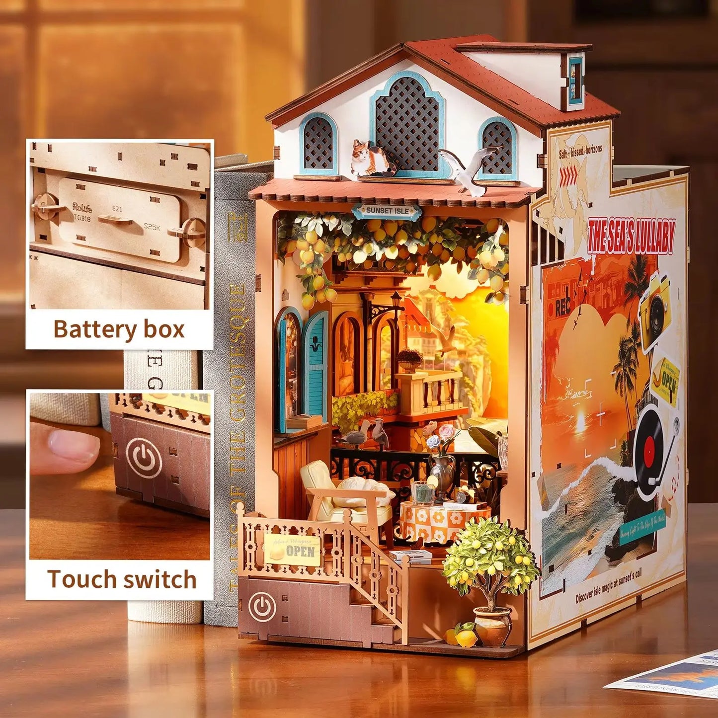 Rolife DIY Book Nook Kit Sunset Isle Bookends Wooden 3D Puzzle Model Building Kit for Bookshelf Decor Gift for Adult Book Lovers