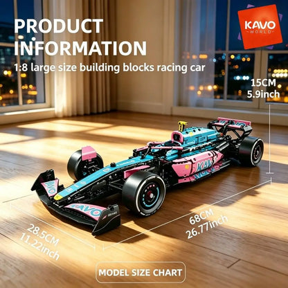 KAVOWORLD 1:8 Pink-blue Formula Racing Car Building Block Kit 1768pcs Technical Mechanical Racing Bricks Set DIY Construction Vehicle Toy with Steerable Wheels Openable Cockpit Simulated Engine for Home Office Display Christm