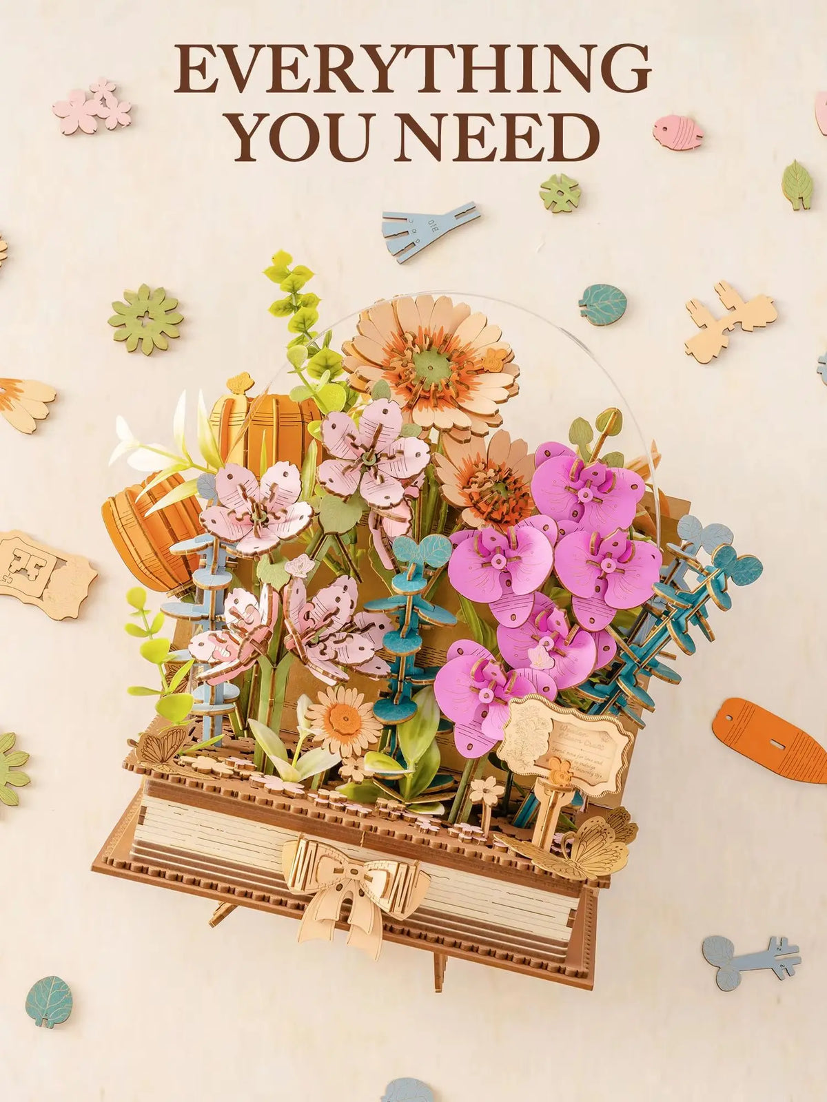 Rolife 3D Puzzle Wooden Blooming Book DIY Artificial Flower Bouquet Model Building Kit for Home Decor Wedding Mother's Day Valentine's Day Gift for Women Adults