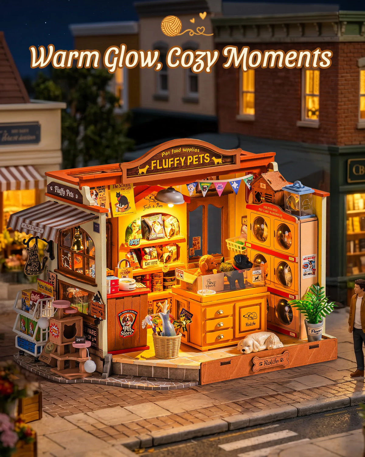 Rolife DIY Miniature House Kit Pet Store Dollhouse Wooden 3D Puzzle Model Building Kit with LED Light for Home Decor Suitable for Adults and Kids