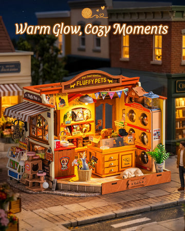 Rolife DIY Miniature House Kit Pet Store Dollhouse Wooden 3D Puzzle Model Building Kit with LED Light for Home Decor Suitable for Adults and Kids