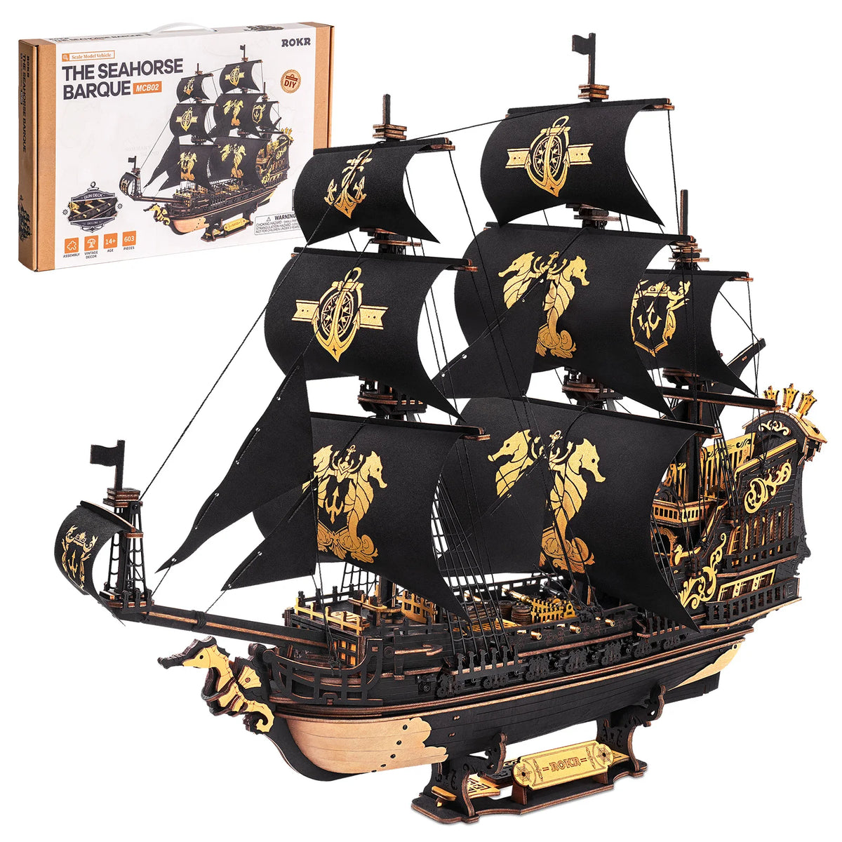 ROKR Seahorse Barque Wooden 3D Puzzle 1:100 Scale DIY Sailboat Model Building Kit 603 Pieces Brain Teasers Jigsaw Toy for Adults Boys