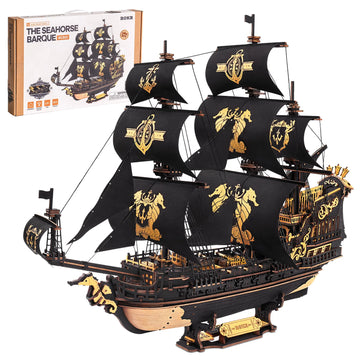 ROKR Seahorse Barque Wooden 3D Puzzle 1:100 Scale DIY Sailboat Model Building Kit 603 Pieces Brain Teasers Jigsaw Toy for Adults Boys