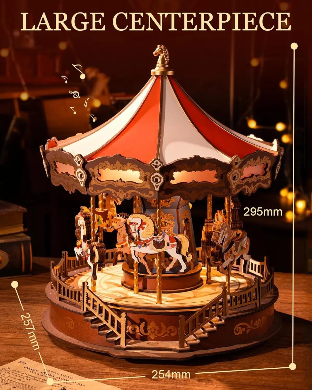 Rolife DIY Music Box Mechanical Model Building Kit Classic Carousel 3D Puzzle Toy Craft Kit with LED Light for Home Decor Gift for Adults Friends