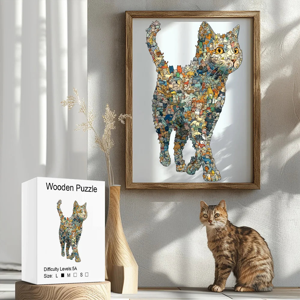Wooden Cat Jigsaw Puzzle: Exquisite Gift, Thick Sturdy Pieces, Vibrant Colors, Home Decor & Family Fun Challenging Puzzle