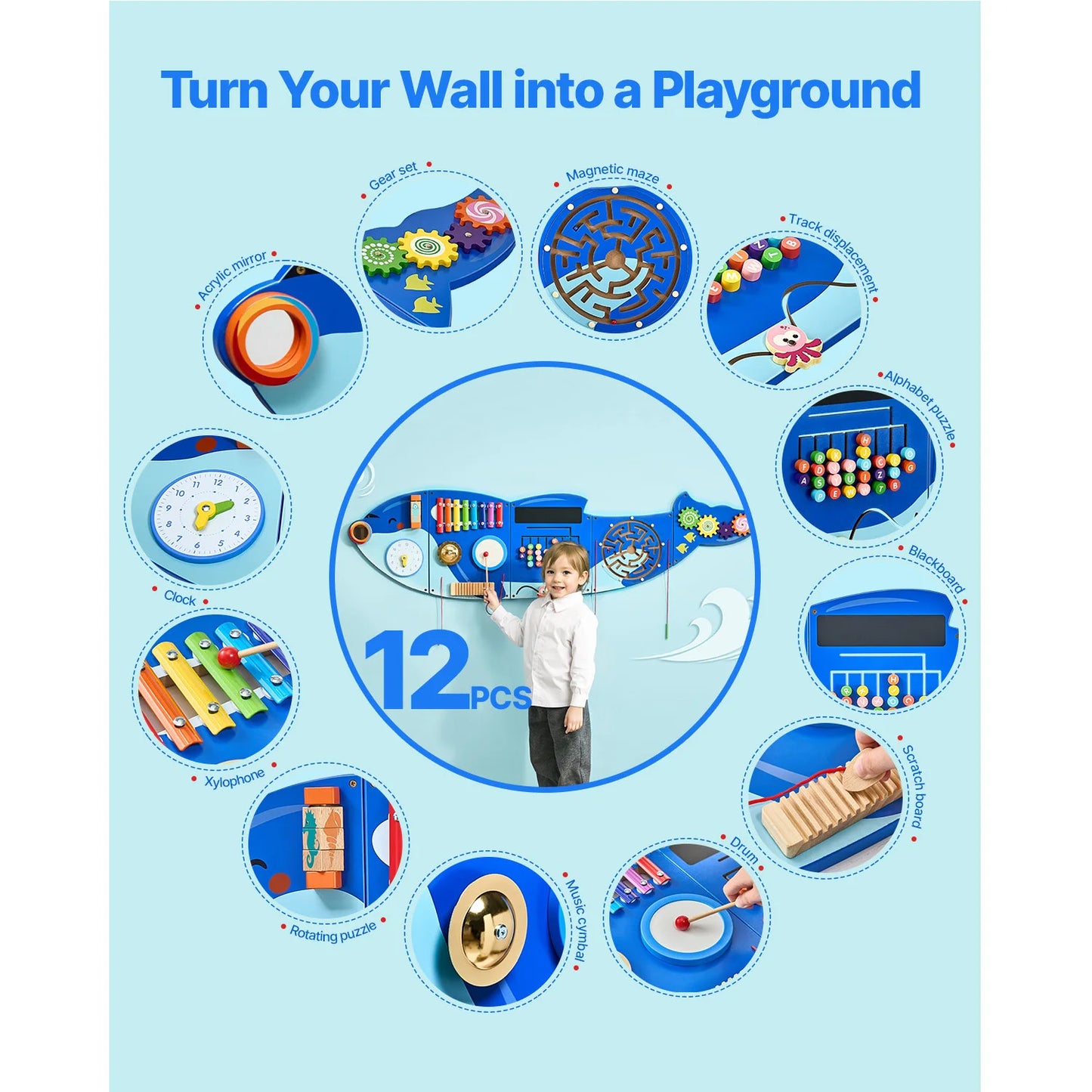 SucceBuy Orca Kids Wall Busy Board 12 Activities Hanging Panels Montessori Sensory Learning Toys for Toddler 3-12 Play Toys