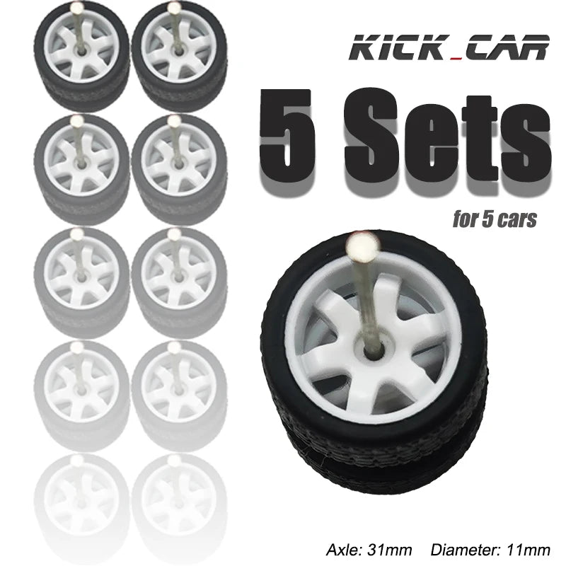 1/64 Wheels with Fixed Black Rubber Tires Six Spoke for Toy Model Diecast Cars Refitting Parts for MINIGT (5 Sets for 5 Cars)