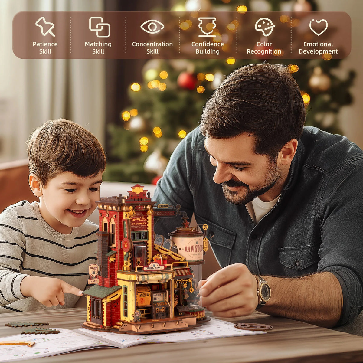 ROKR Dream Gift Factory Wooden 3D Puzzle DIY Mini Dollhouse Model Building Kit with Music & LED Lights 449 Pieces Assembly Toys for Adults Teens