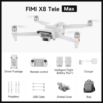 FIMI X8 Tele Max 4K Professional Drone Wide-Angle Tele Camera 30x Hybrid Zoom 3-axis Gimbal AI Super Night Video RC Quadcopter