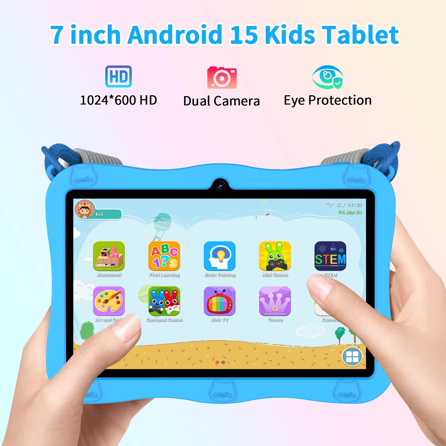PRITOM 7-inch Tablet for Kids, 8GB(3+5GB expand) RAM + 32GB ROM Android 13Toddler Tablet, Pre-Installed iWawa, Parental Controls, Supports Bluetooth and WiFi