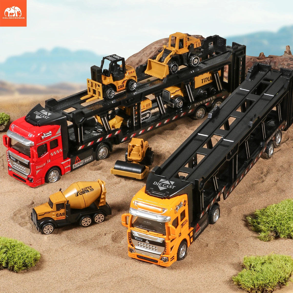 Diecast Alloy Engineering Vehicle Transporter Model Set with 6 Small Trucks - Educational Toy Set for Boys
