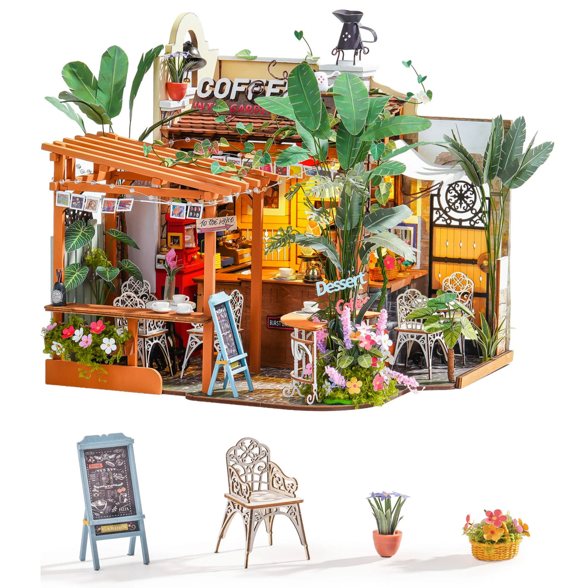Rolife Wooden Dollhouse 3D Puzzle Leafree Café DIY Miniature House Model Building Kit with LED Light for Home Decor Brain Teasers Jigsaw DIY Craft Kit for Holiday Gift