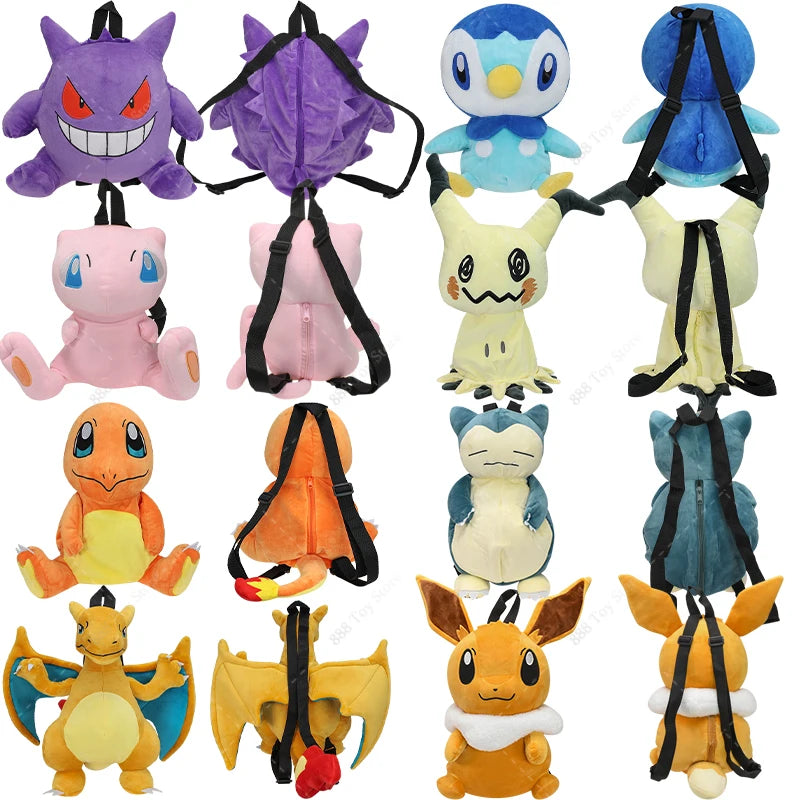 New Arrival Pokemon Plush Backpack Anime Gengar Charizard Piplup Eevee Mimikyu Soft Stuffed Schoolbag Shoulder Bag Toy for Kids