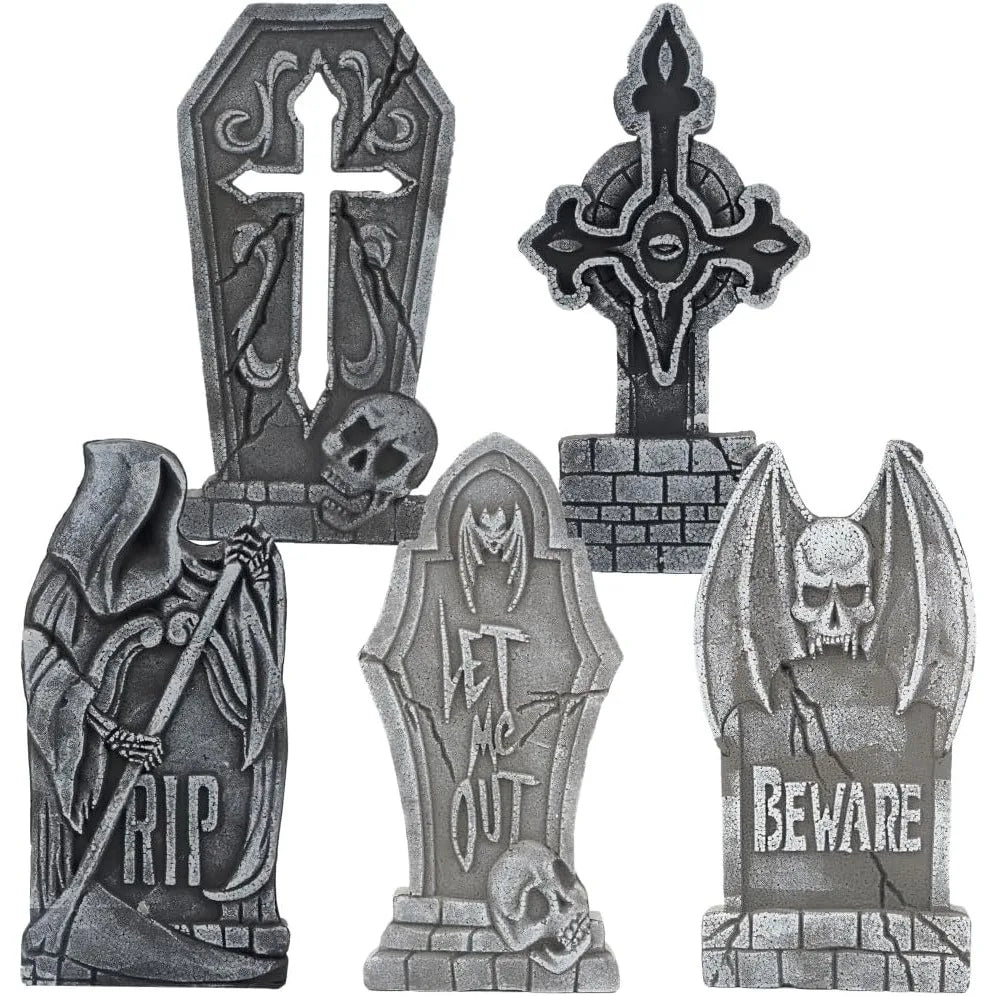17" Halloween Graveyard Foam Headstones Halloween Decorations Outdoor Tombstones 5 Pack  Decor with 12 Metal Stakes for Prop Cemetery Yard Lawn Decorations, Party Supplies