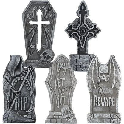 17" Halloween Graveyard Foam Headstones Halloween Decorations Outdoor Tombstones 5 Pack  Decor with 12 Metal Stakes for Prop Cemetery Yard Lawn Decorations, Party Supplies