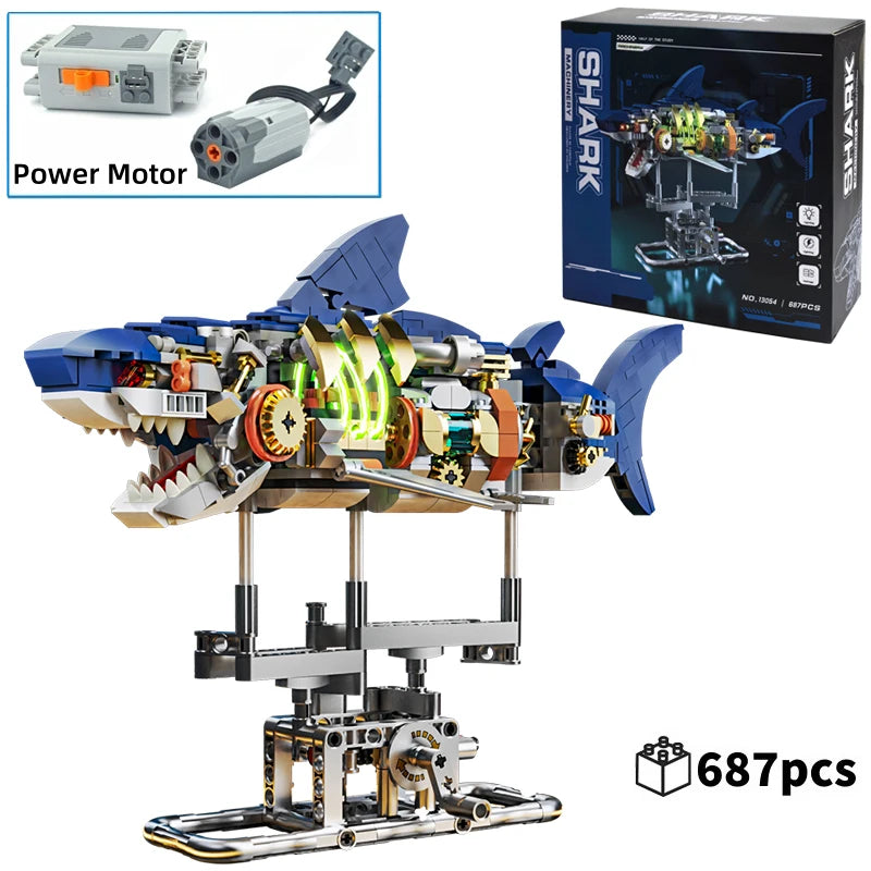 Mechanical Shark Building Set, Sea Life Crocodile Parrot Mantis Frog Manta Ray Building Blocks Light, Animal Toys Gift for Kid
