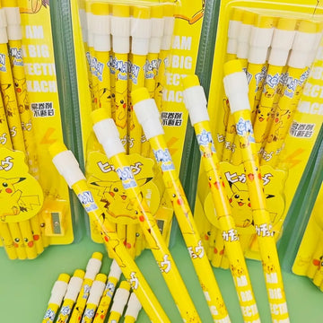 12pcs Cartoon Pencil with Eraser Pencil Sharpener Cute Anime Figure School Supplies Office Stationery Kawaii Tools Gifts