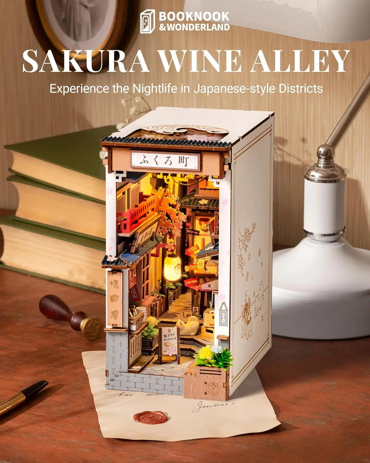 Robotime Sakura Wine Alley DIY Booknook with Lights DIY Miniature Dolls House Kit 3D Wooden Puzzle Bookend Bookshelf Decor Gift