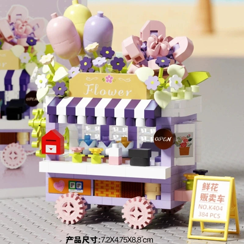 NEW DIY Coffee Car Buns Food Truck Ice Cream Store Flower Street View Building Blocks Kit Bricks Model Toy