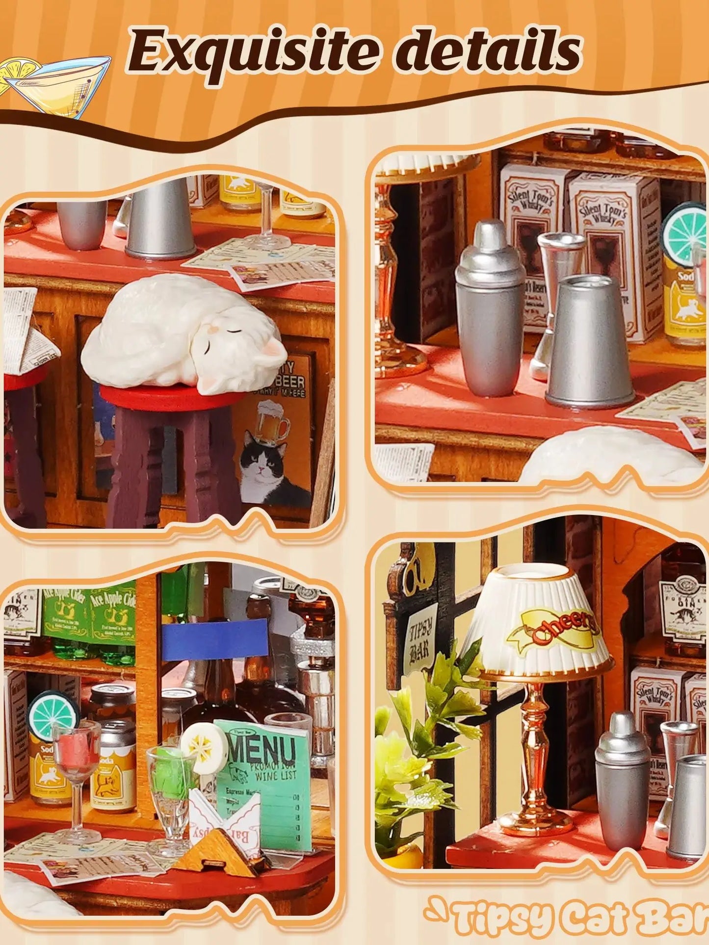 Rolife DIY Miniature House Kit Tipsy Cat Bar Mini Dollhouse Model Building Kit Wooden 3D Puzzle Toys with LED Light for Home Decor Gift for Adults Kids Friends