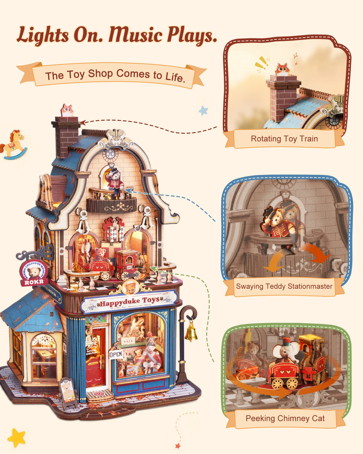 ROKR Wooden 3D Puzzle Happyduke Toys Music Box Model Building Kit with LED Light for Home Decor Mini Dollhouse DIY Toys Holiday Gift for Adults Teens