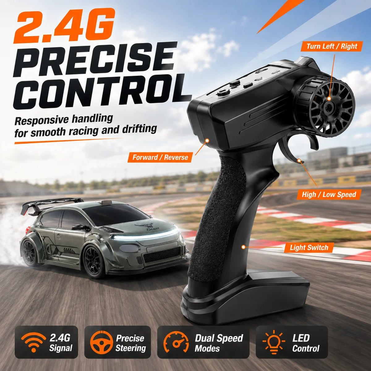 4WD High Speed RC Car 2.4G Remote Drifting Car 1:24 Scale Dual Mode One Click Switch LED Headlight Taillight Long Battery Life Racing Toy Car