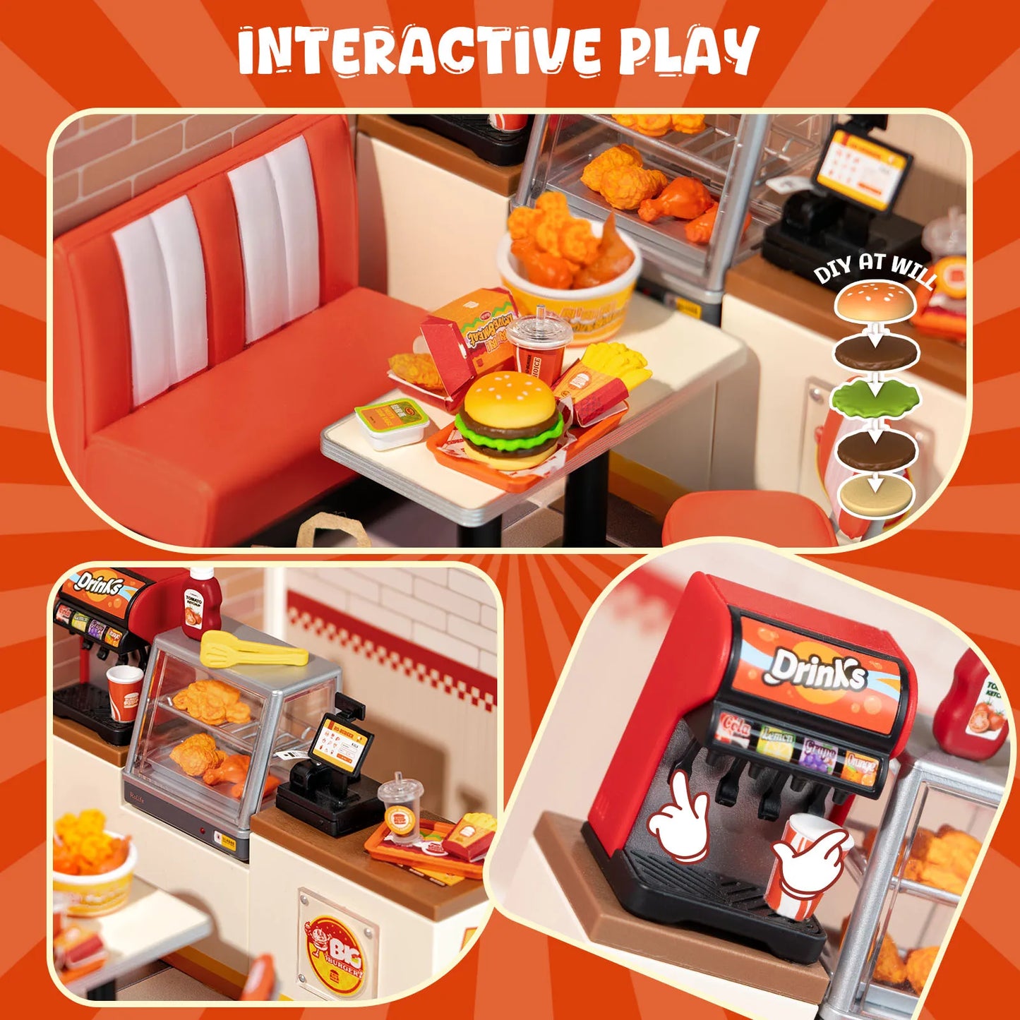 Rolife DIY Miniature House Kit Yum Yum Burgers Super Creator Dollhouse 3D Puzzle Model Building Kit with LEDLight for Desk Decor