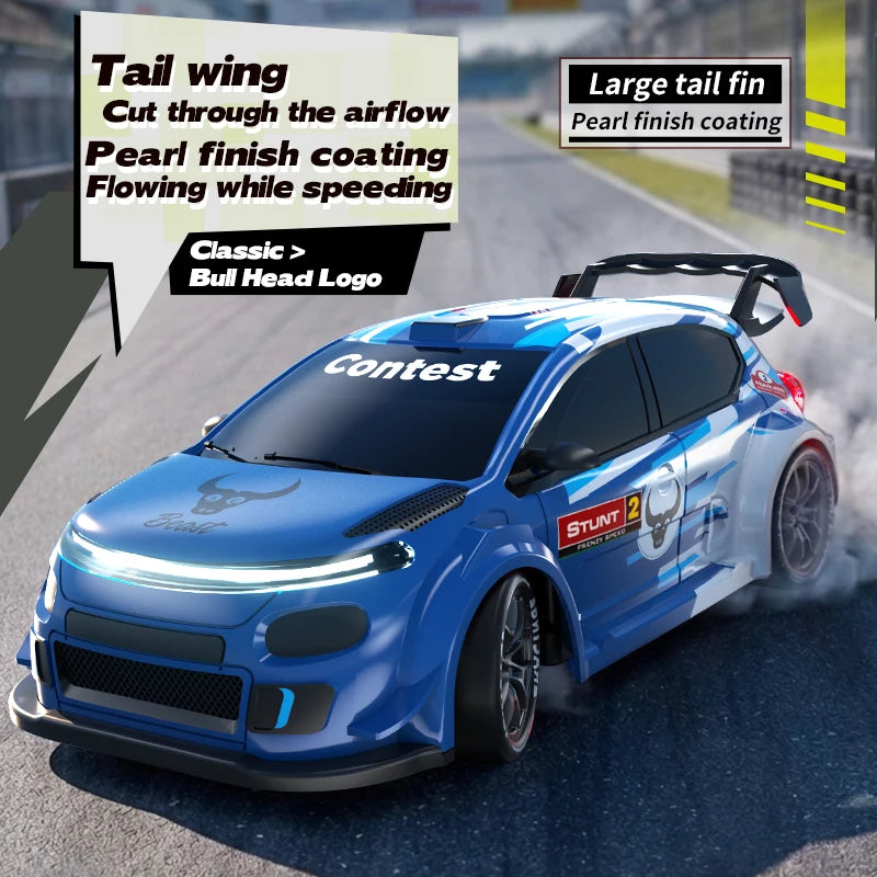 1:24 Scale 4WD Drift RC Car 2.4G Remote Pearl Finish Large Tail Fin Replaceable Racing Drift Wheel Front Rear LED Light Toy Car
