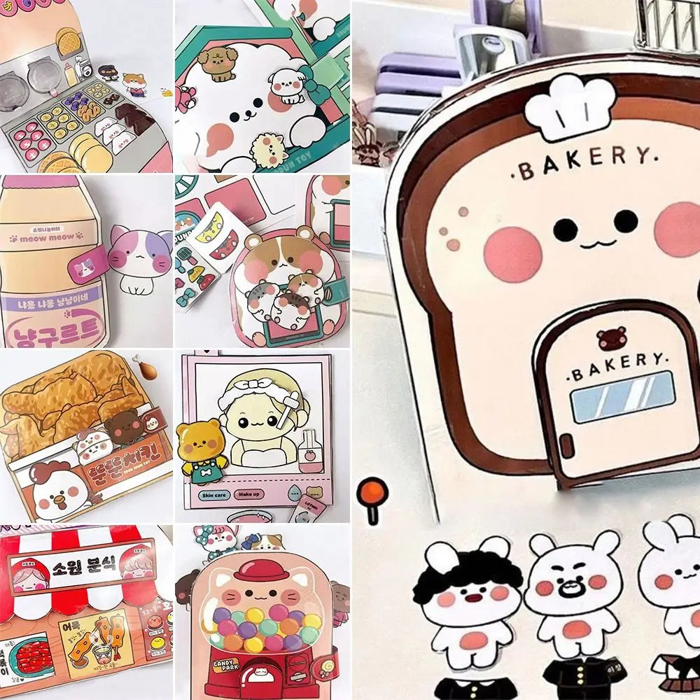 Paper Waffle Quiet Book Colorful Fried Chicken Cartoon Busy Book Convenience Store Handmade Toy Snack Bar Sticker Game.