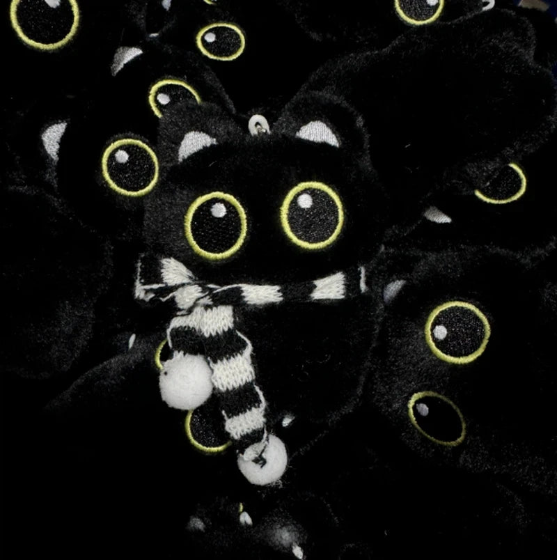 New Kawaii Big Eyes Cat Plush Doll With Scarf Black Cat Keychain Bag Pendant Cartoon Kitten Ornament Holiday Gift For Dear