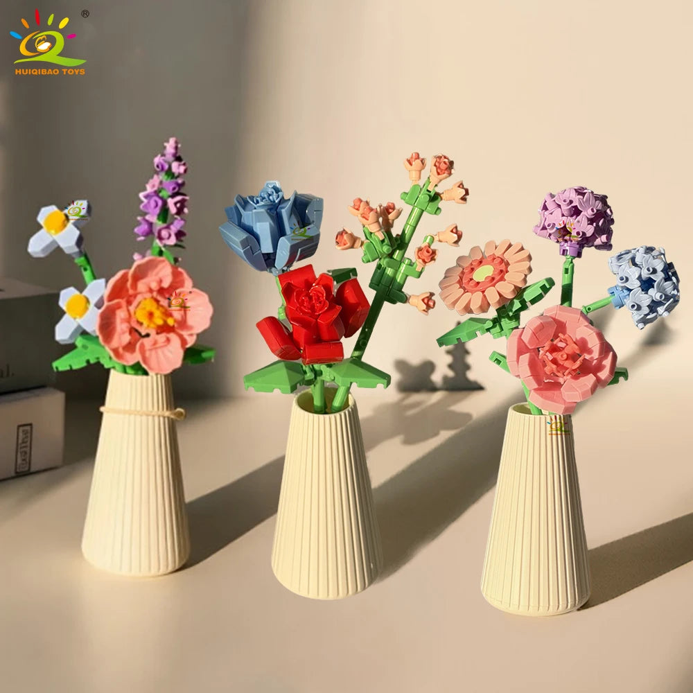 HUIQIBAO MOC Eternal Flower Bouquet with pot Micro Building Block Sunflower Rose Mini Model Brick Toy home Desk Decoration