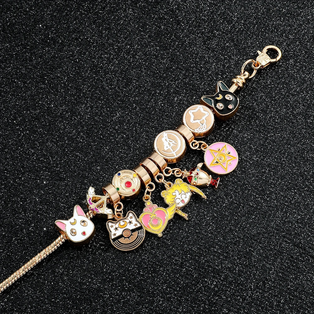 Sailor Moon Charm Bracelet - Gold Plated with Luna, Artemis & Usagi Themed Charms, Anime Cosplay Jewelry