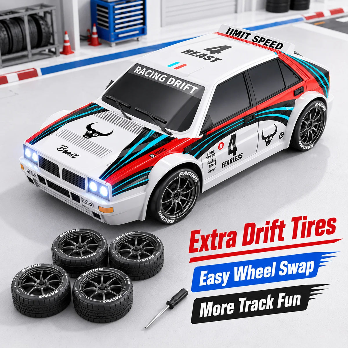 ZNLYRION RC Drifting Race Car 1:24 Scale 4 Wheel Drive 20km/h Adjustable High/Low Speed With Spare Drift Tires LED Headlight Taillight RC Toy For Boys Adult
