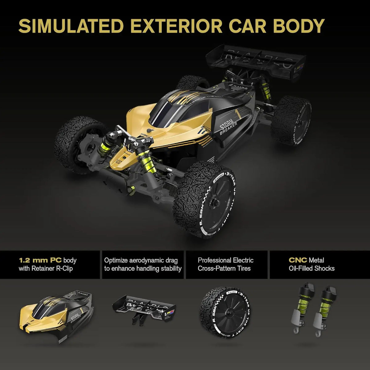 1/10 Scale 4WD Brushless RC Buggy, 50+ MPH, Carbon Fiber Body, 3650-2650KV Motor, 3S LiPo, Alloy Chassis, Sealed Diffs, 20kg Servo, 6CH Radio, Waterproof, All-terrain, for Ages 14+