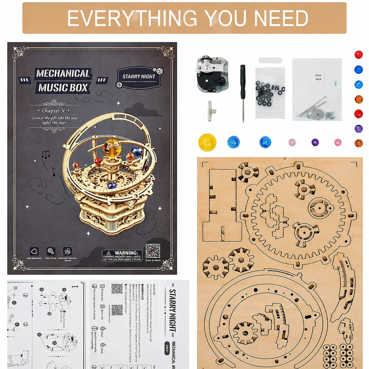 Robotime Music Box 3D Puzzle Wooden Model Kits Mechanical Building Construction Craft Kits Laser Cut Jigsaw Starry Night for Adults